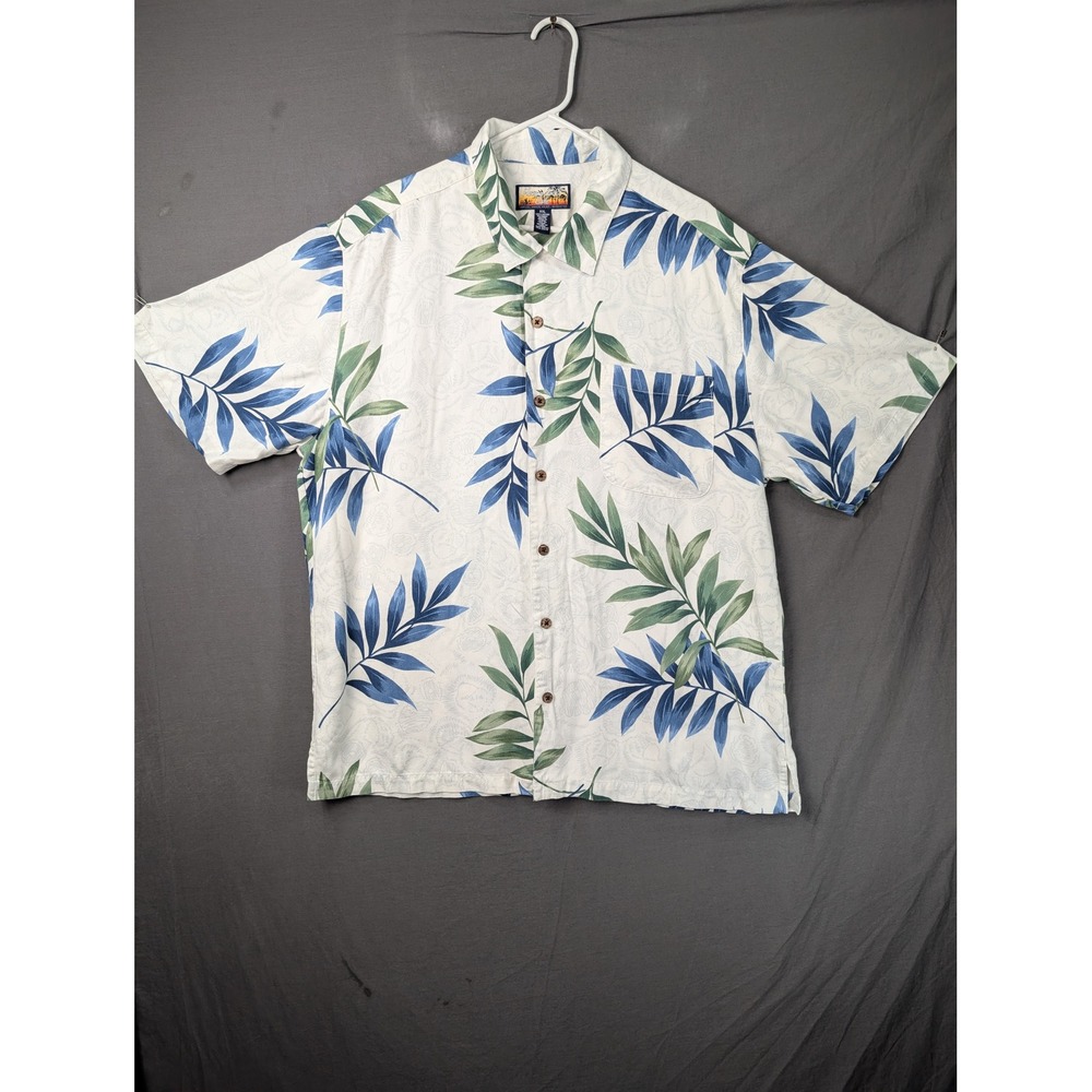Havana Jacks Cafe Mens XXL Tropical‎ Palm Leaf Rayon Button Down Shirt White